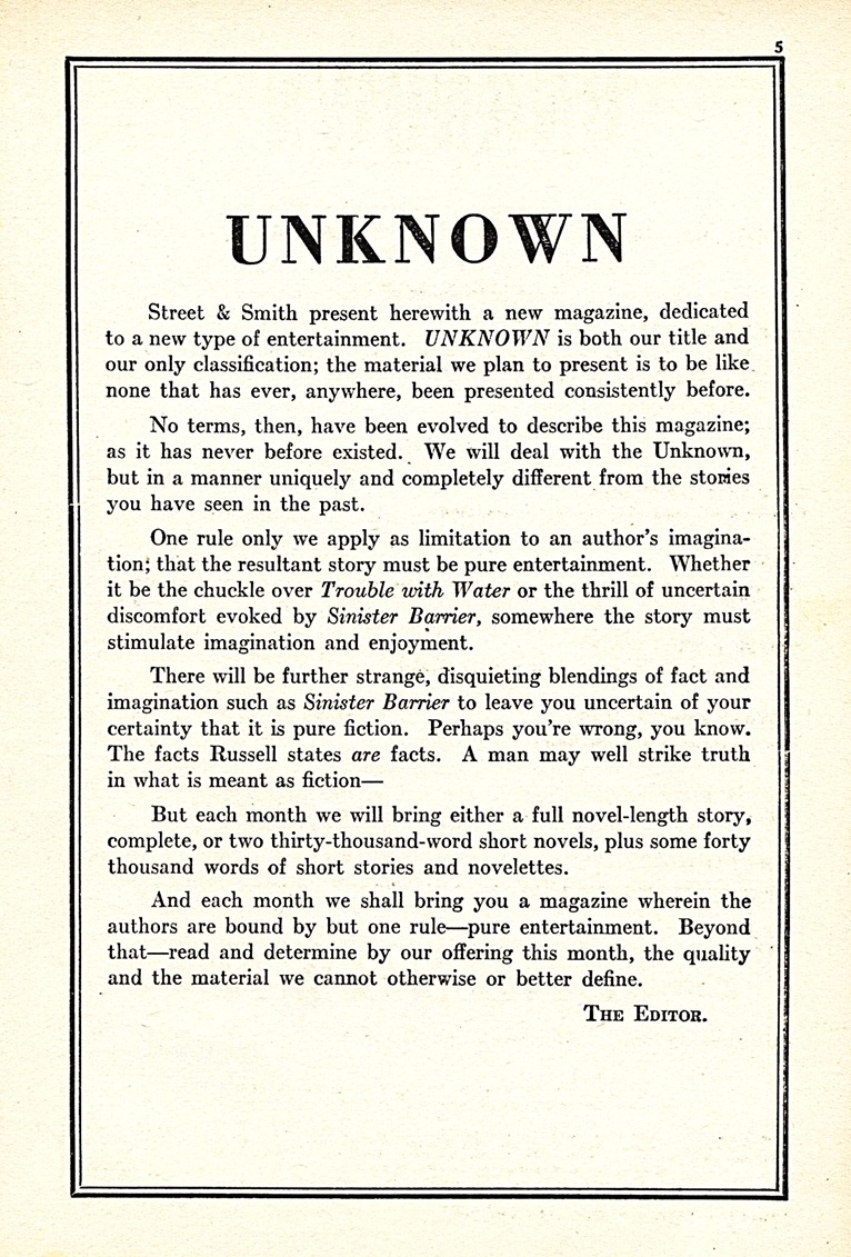 This image is a link to the PDF of the editorial of the first issue of the pulp magazine UNKNOWN from March 1939.