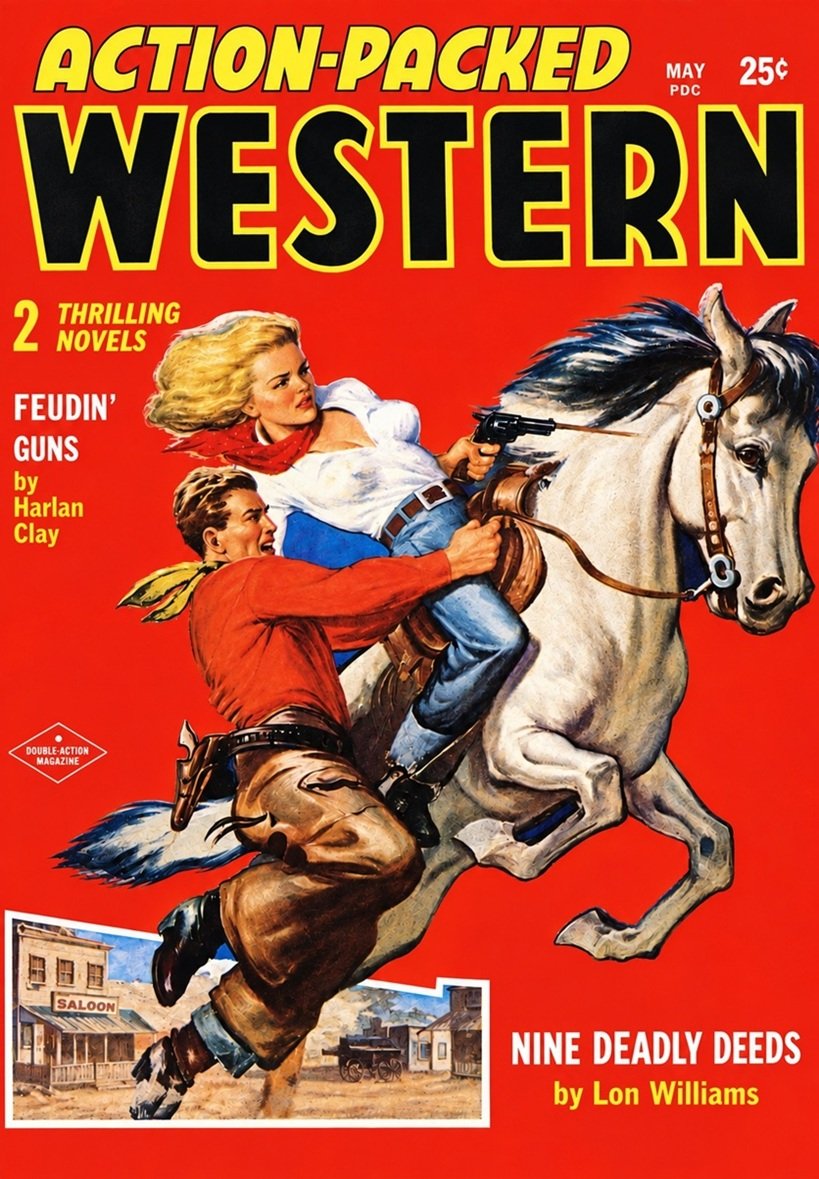 Cover of the magazine ACTION-PACKED WESTERN from May 1958.