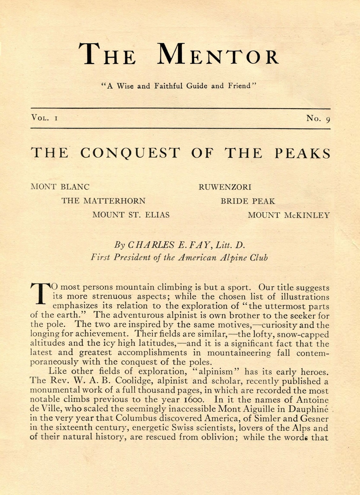 THE MENTOR - THE CONQUEST OF THE PEAKS - 1913