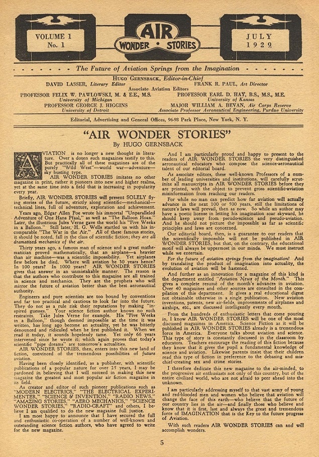 AIR WONDER STORIES - First issue editorial, July 1929