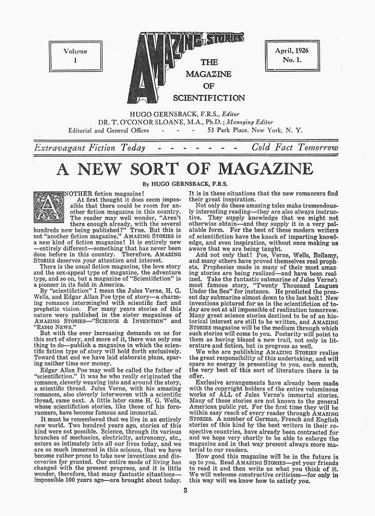 AMAZING STORIES - First issue editorial, April 1926