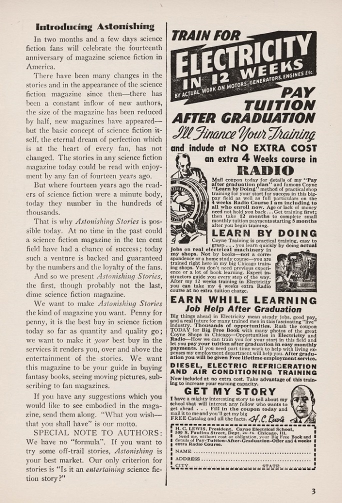 ASTONISHING STORIES - First issue editorial, February 1940