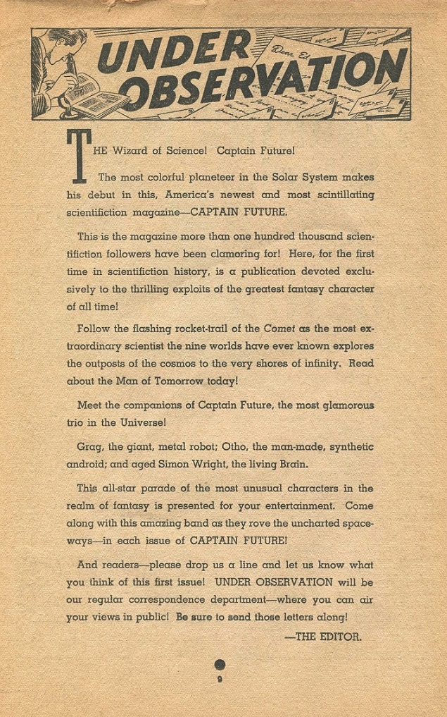 CAPTAIN FUTURE - First issue editorial, Winter 1940