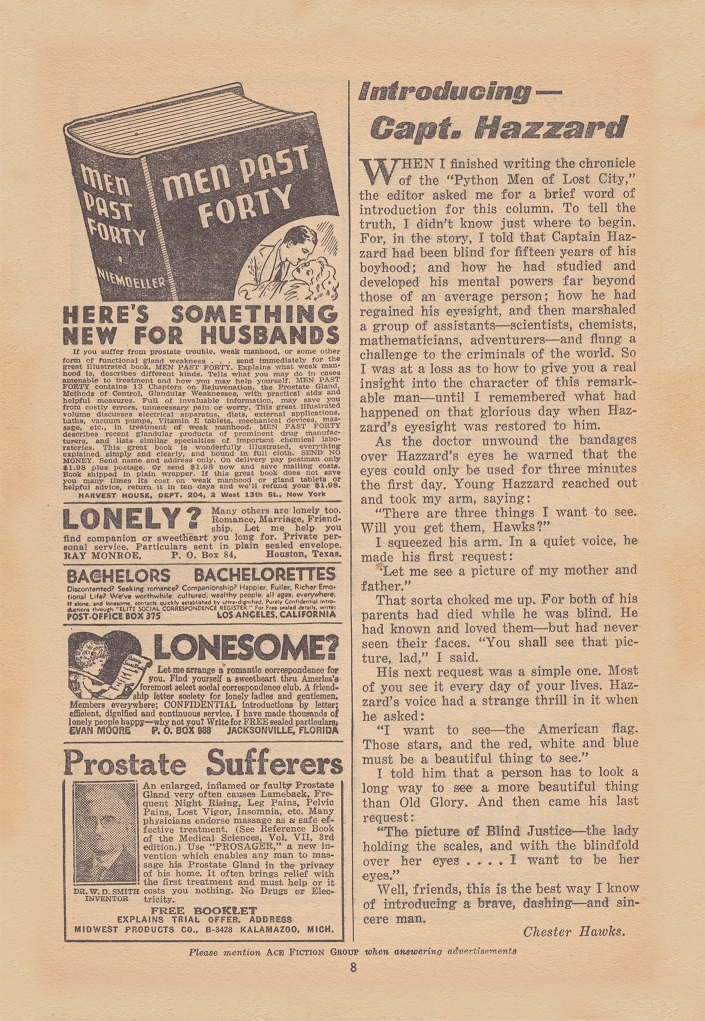 CAPTAIN HAZZARD - First issue editorial, May 1938