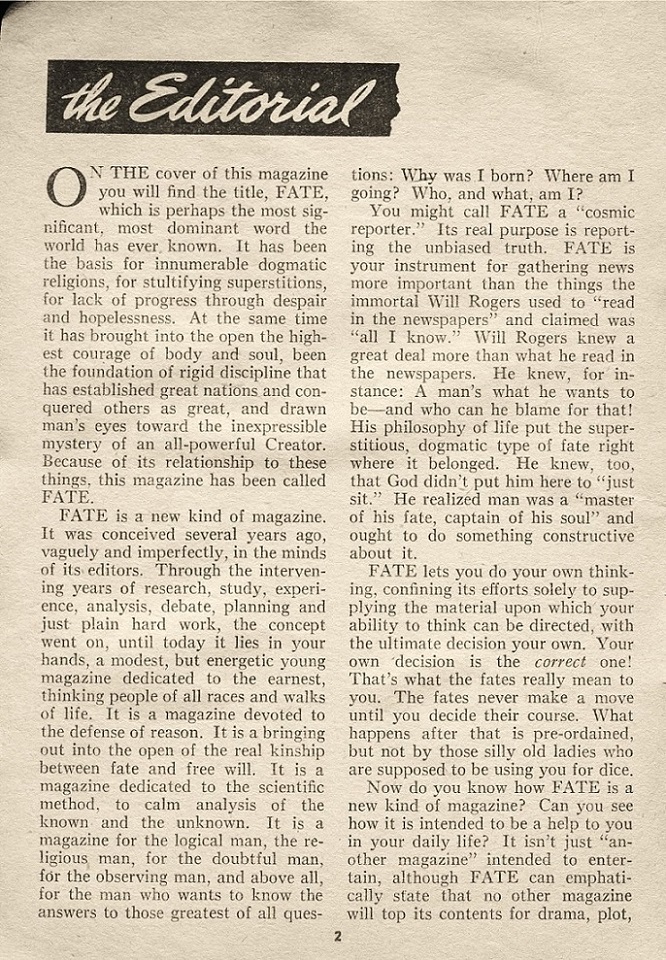 FATE - First issue editorial, Spring 1948