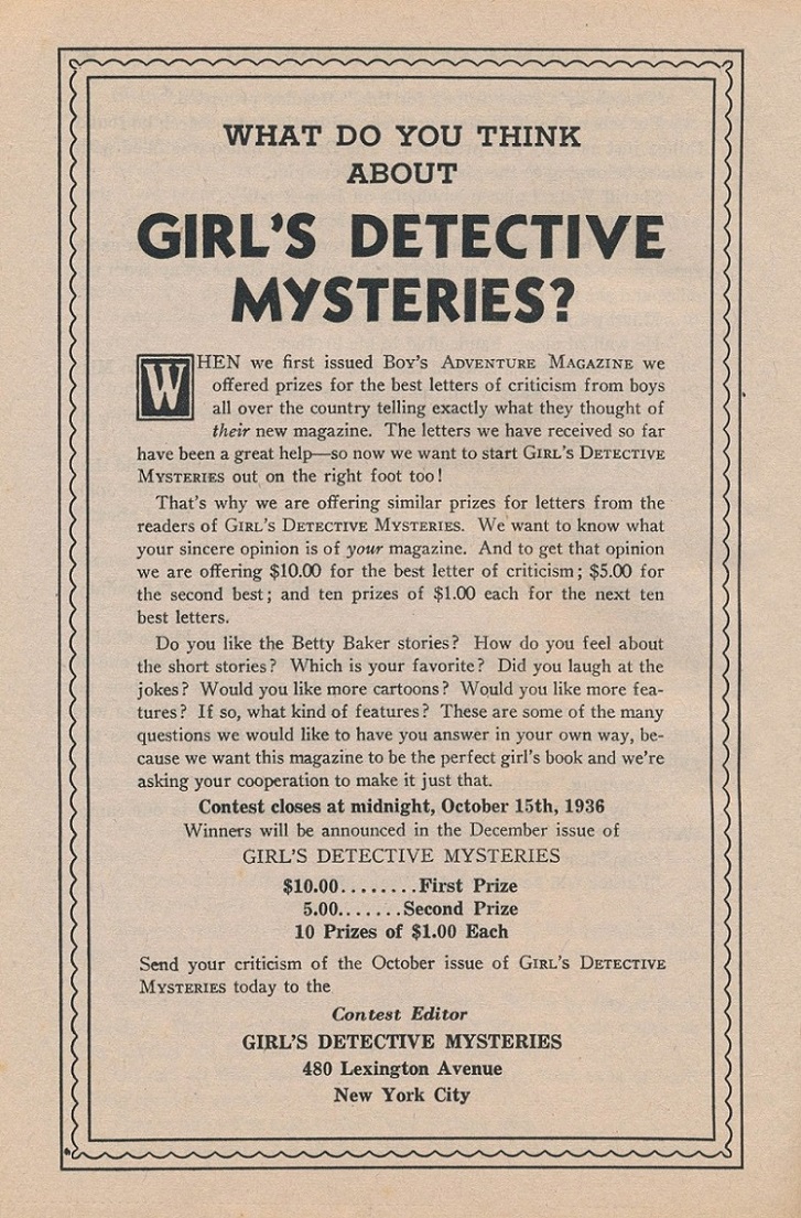 GIRL'S DETECTIVE MYSTERIES - First issue editorial, October 1936