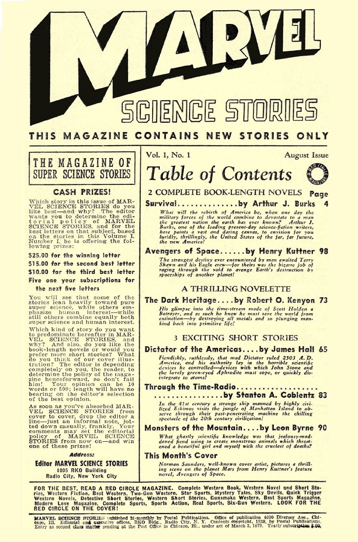 MARVEL SCIENCE STORIES - First issue editorial, August 1938